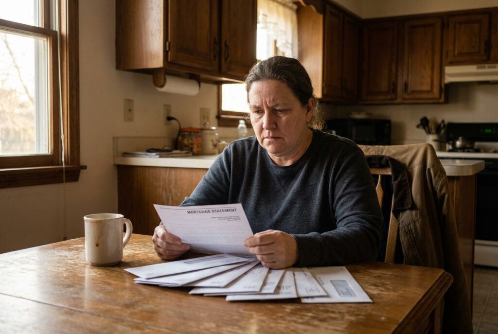 A homeowner reading mortgage statements at her kitchen table