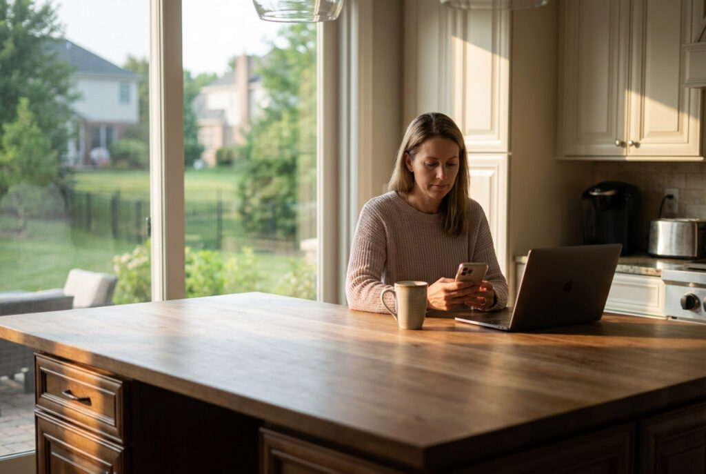 A homeowner at her kitchen island with a phone and laptop