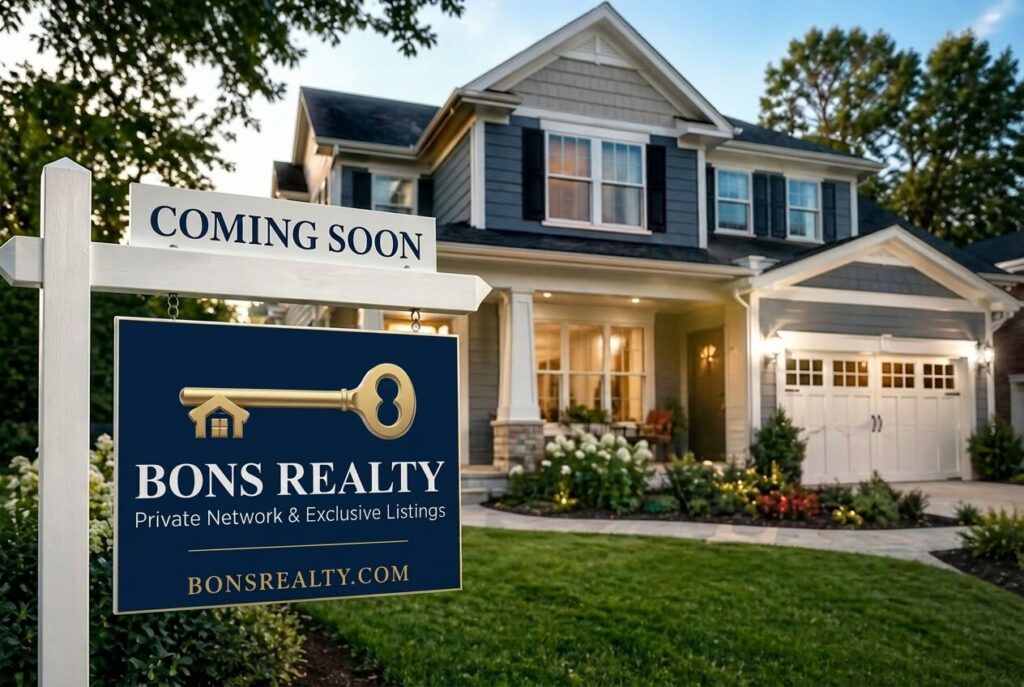 Bons Realty private network — 'Coming Soon' yard sign in front of suburban Chicagoland home