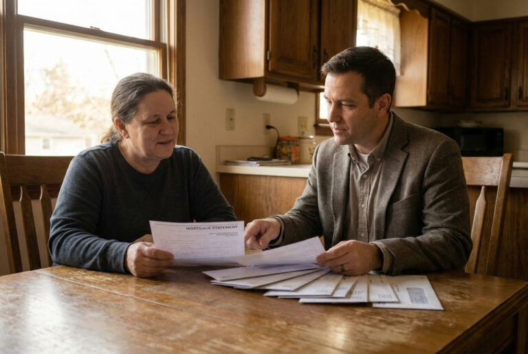 A real estate broker and a homeowner going through statements together