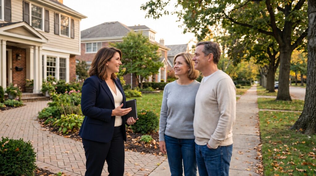 A real estate agent talking with two homeowners in front of a house