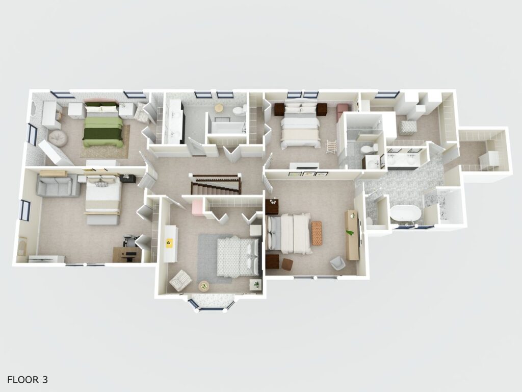 3D rendered floor plan of a home's upper level